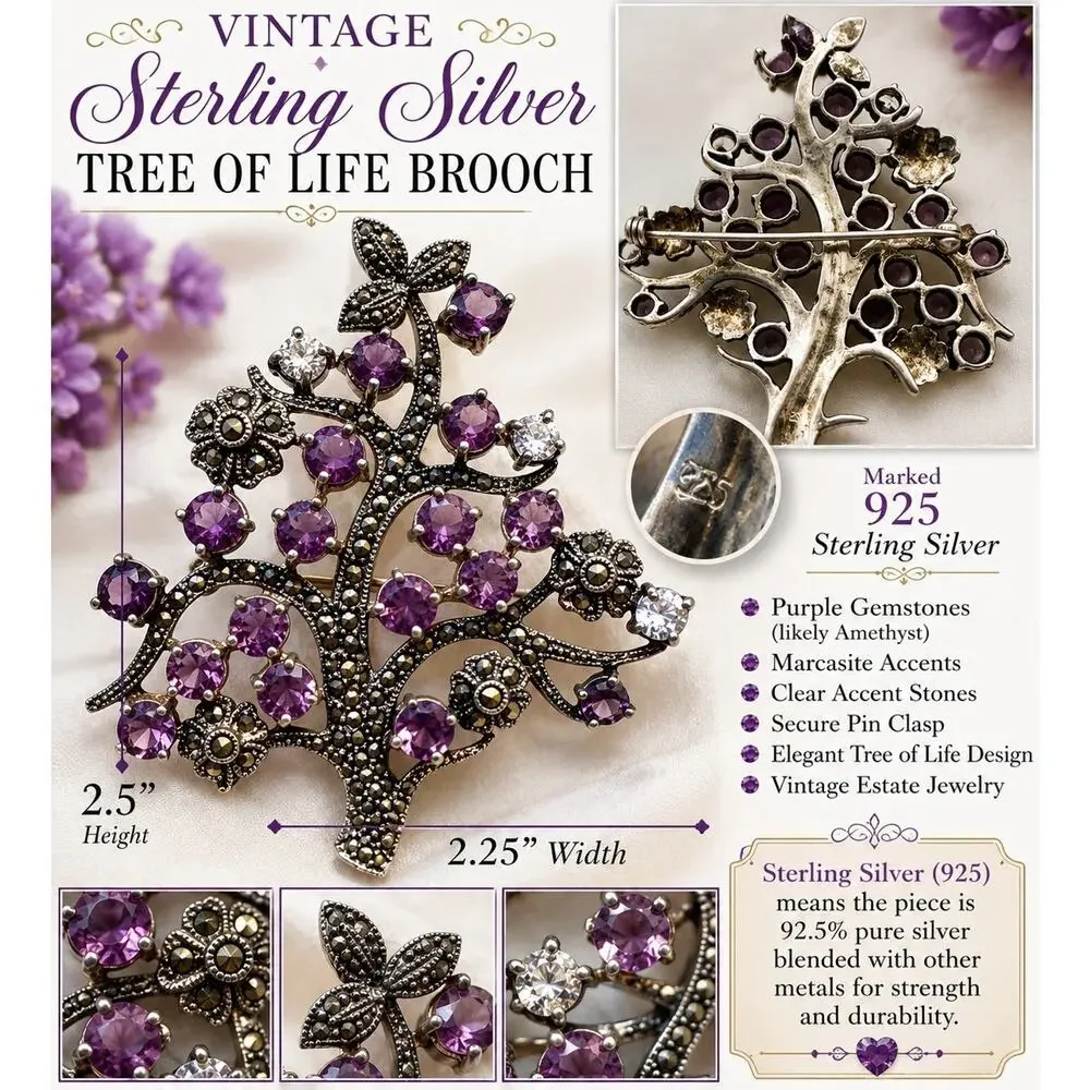 Sterling 925 Stamp Tree Of Life Brooch Possible Amethyst Stones Pin Clasp